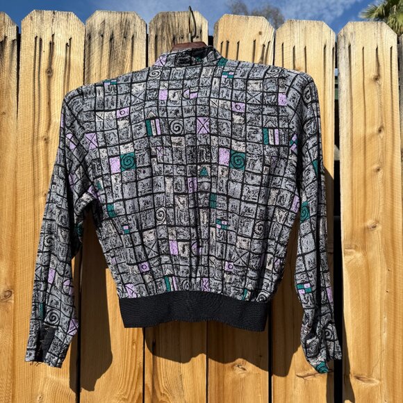 Price FIRM Vintage 80s 90s Grey Abstract Print Button Down Blouse Jacket | S/M - Picture 9 of 16